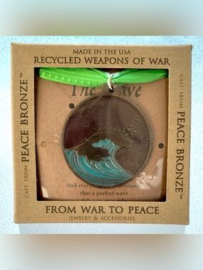 Bronze Ocean Wave Ornament with Bright Green Ribbon ~ Bronze Sky/Blue Wave